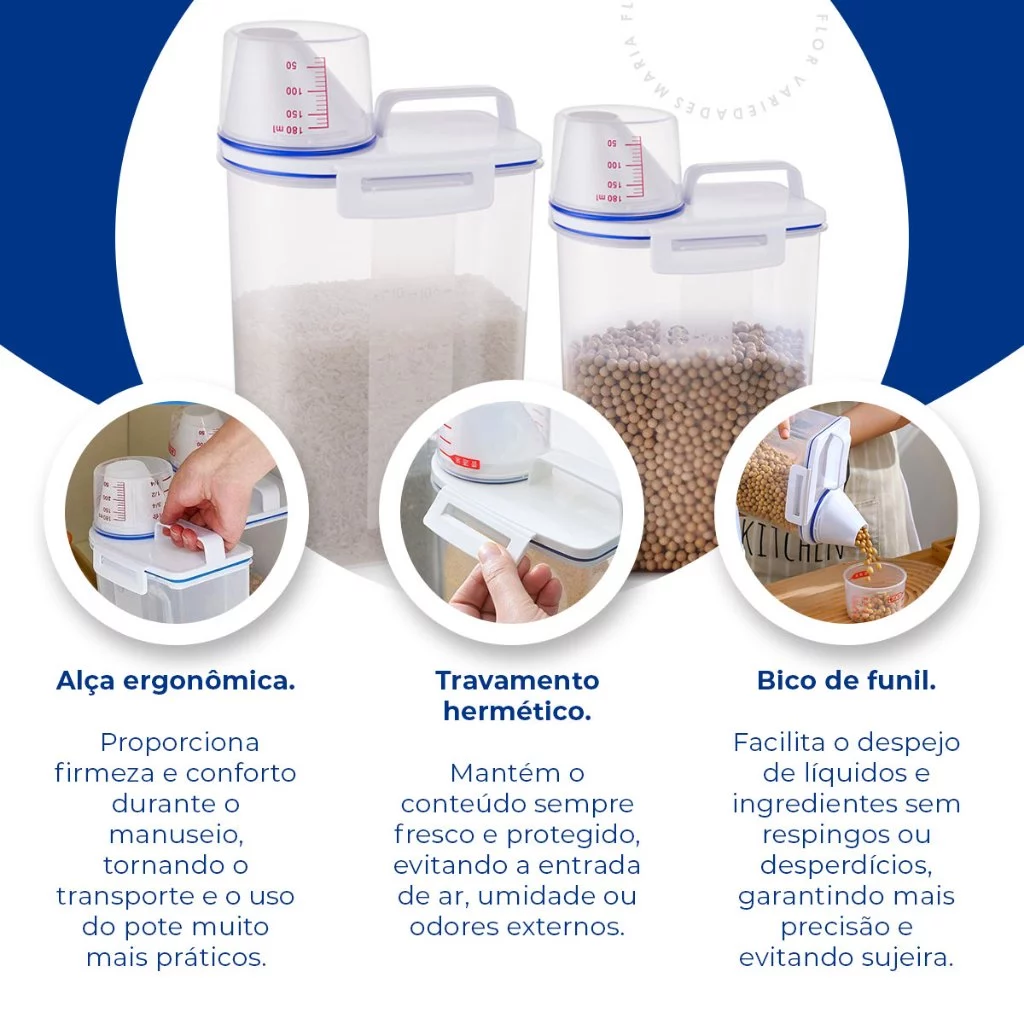Pote Hermético Com Copo Medidor Dispenser Organizador Dosador Multiuso Porta Mantimentos 2L 1,5L — foto 3 de 4