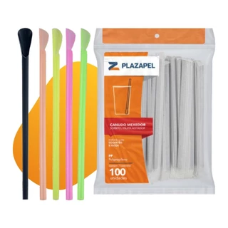 Pacote 100 Canudo Mexedor Colher Para Caipirinha Drinks Sucos Cores Misto ou Preto Canudinho