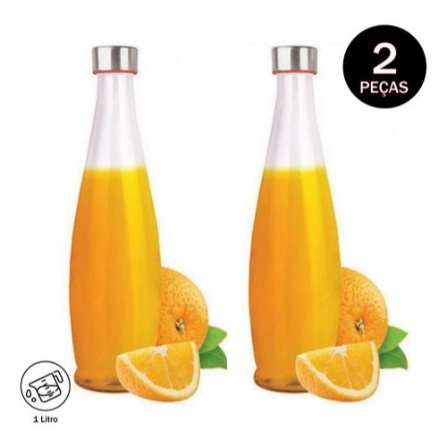 Kit Com 2 Garrafas Vidro Transparente 1 Litro P/ Geladeira Água Suco C/ Tampa Inox 001