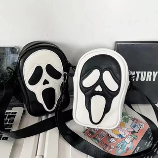 Bolsa de Ombro Gótica Máscara "Todo Mundo em Pânico", Crossbody Feminina, Bolsa de Couro PU Preto, Branco e Roxo Vintage