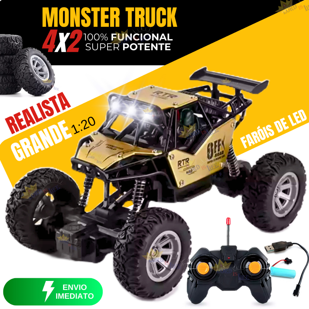 Monster Truck Grande Com Luz Carrinho de Controle Remoto 4x4 Off Road ...
