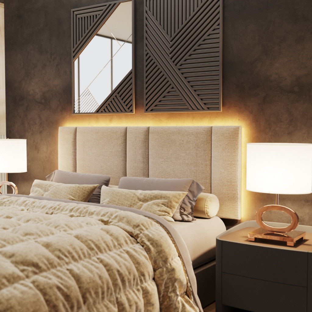 Cabeceira Estofada com LED Queen 160 Linho Bege