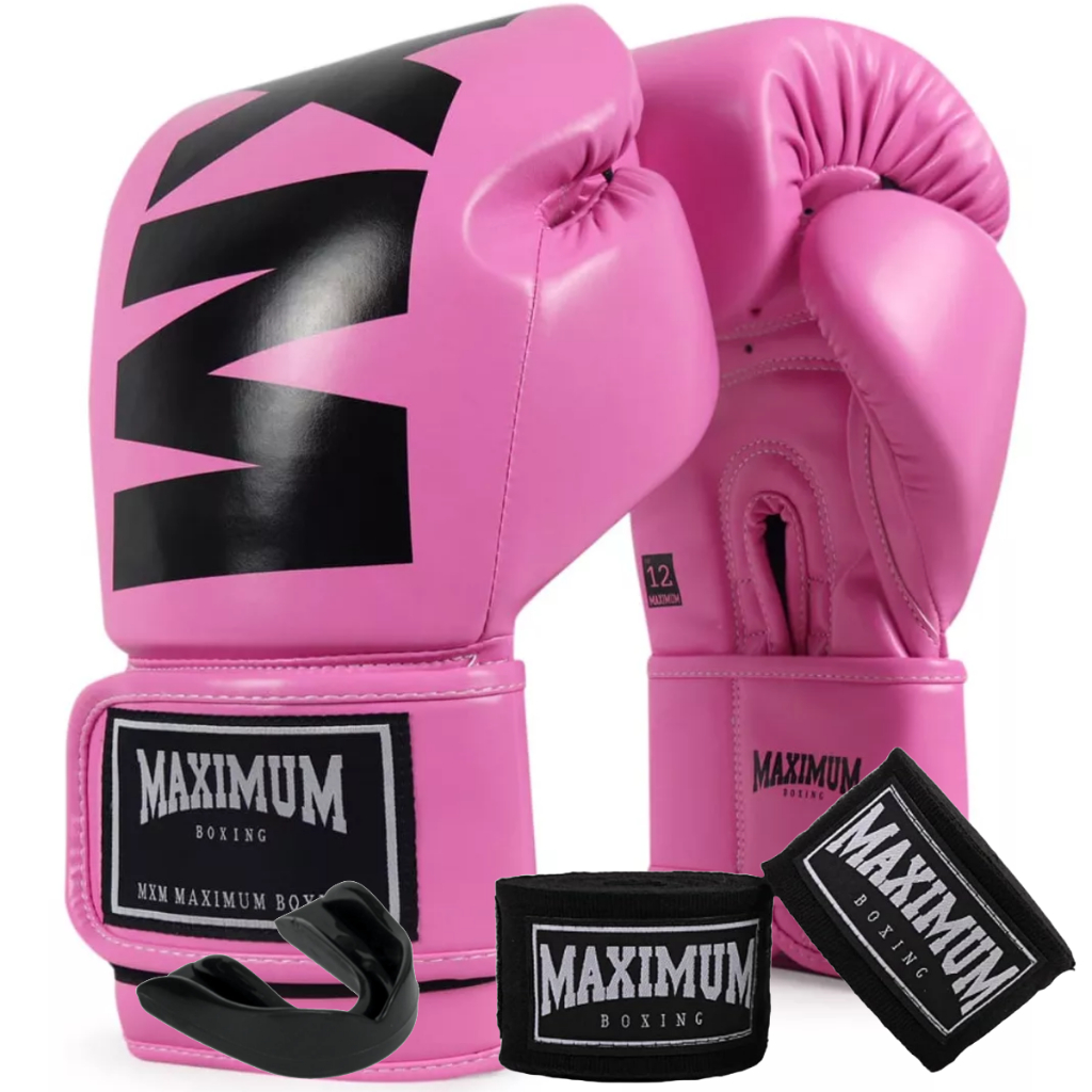 LUVA DE BOXE MUAY THAI FEMININA MXM ROSA + BANDAGEM 3M + PROTETOR BUCAL ...