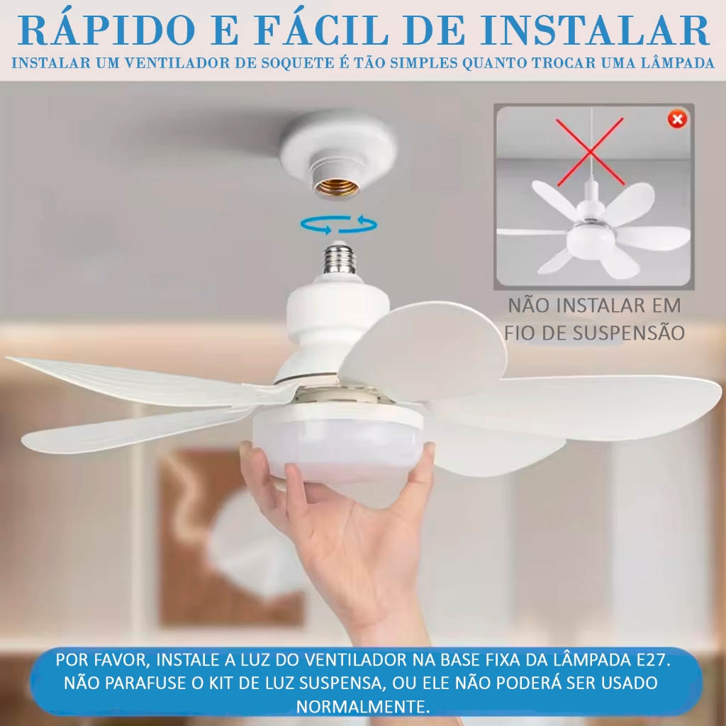 Ventilador de teto Com Luz para Pequenos Espaços (6 Hélices) Controle Remoto Bivolt LED 110V-220V