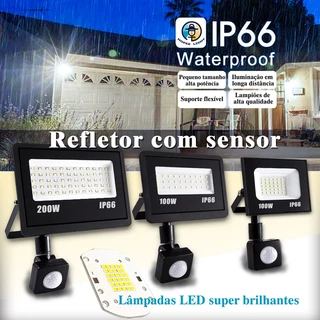 Kit1-3 Refletor LED Sensor 100W ou 200W IP66 Branco 6500K Alta Potência Luz Externa 3 Modelos