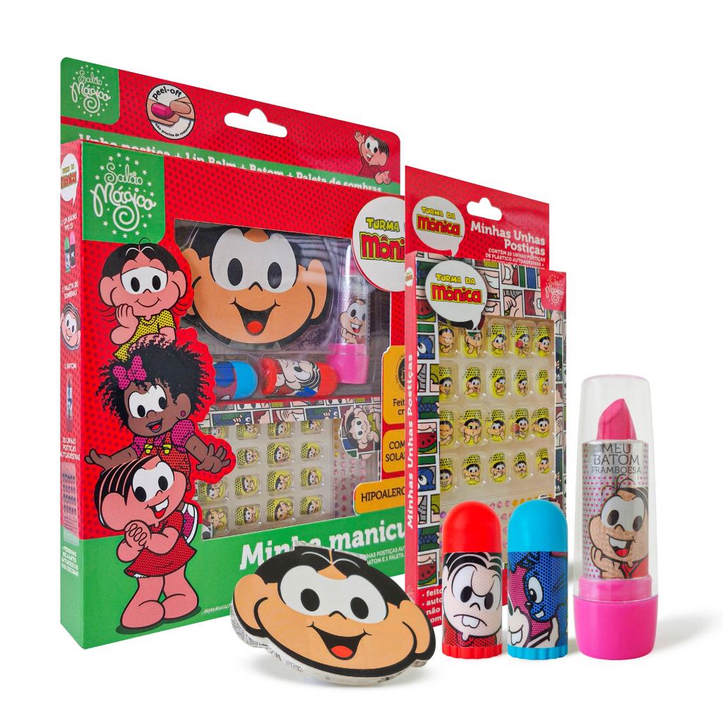 Kit 5 Peças Maquiagem Infantil Turma da Mônica 20 Unhas Postiças + 2 ...