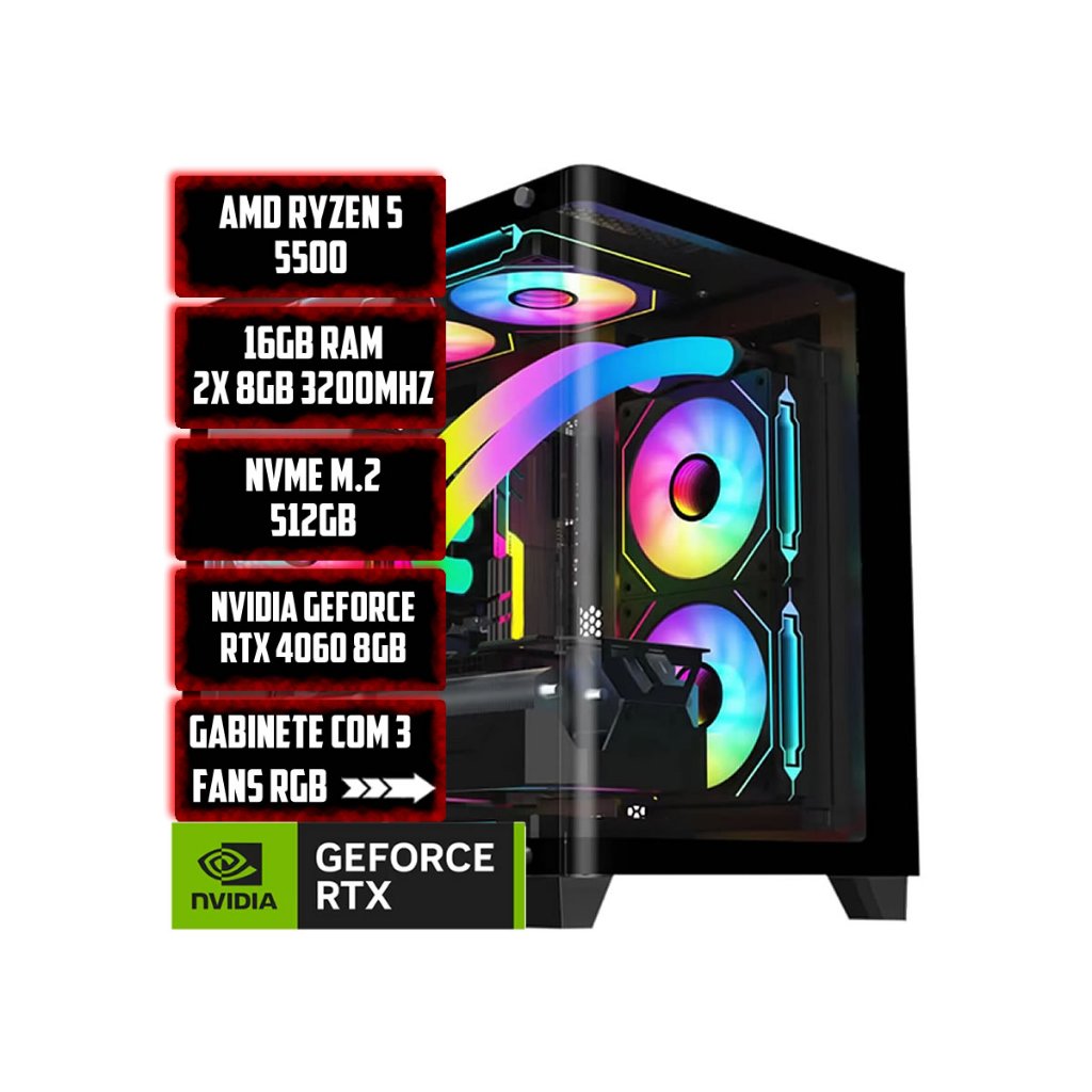 PC GAMER FLEX|AMD RYZEN 5 5500|B450M|16GB|NVME 500GB|NVIDIA RTX 4060 8GB|GABINETE AQUARIO 3 FANS