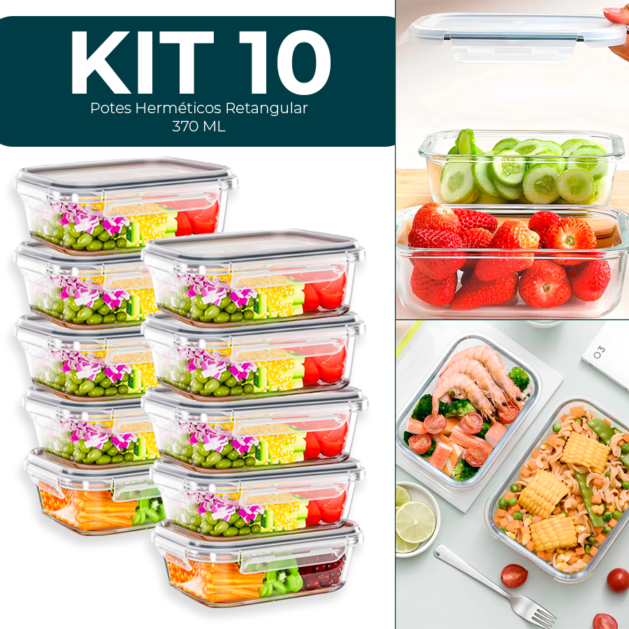 Conjunto 10 Potes Vidro Hermético Mantimentos Marmita 370ml Retangular