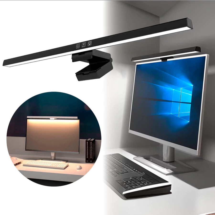 Luminária LED Lampada De Leitura Monitor 3 em 1 Luz Ajustável 3 Tons Brilho Regulável Antirreflexo