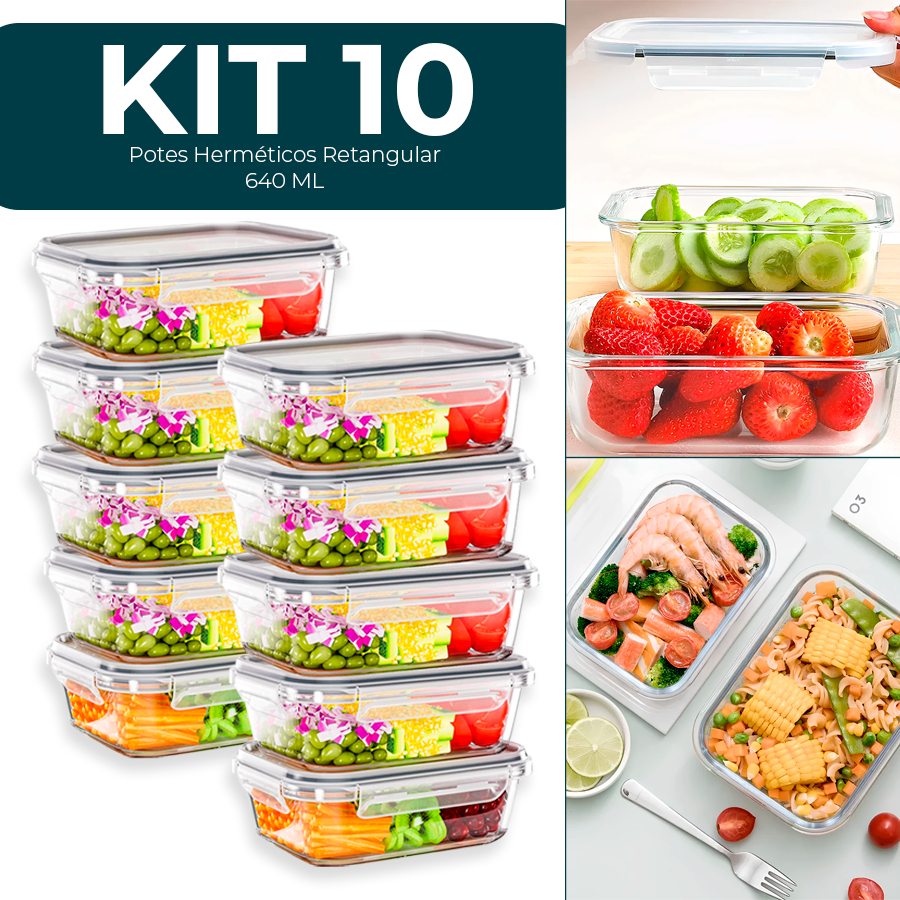 Conjunto 10 Potes 640ml Vidro Hermético 4 Travas Marmita