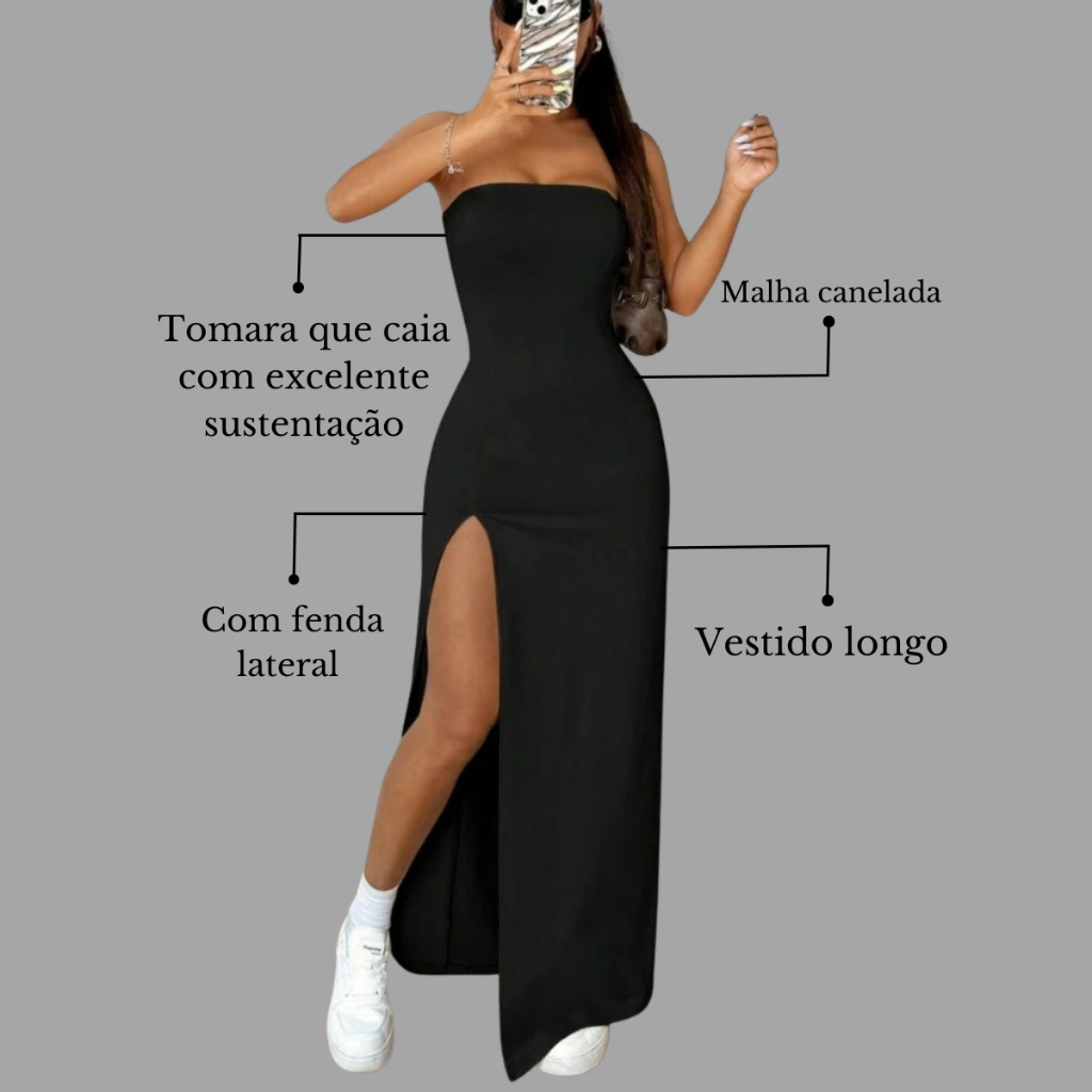 Imagem do produto Vestido Longo Mídi Com Fenda Lateral Tomara Que Caia Tendência E Elegância 2