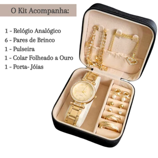 Relogio feminino Analógico + Kit 6 pares de Bincos mulher + Colar Pulseira + Porta Joia - Presente mulher, mãe, natal