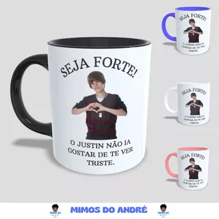 Caneca justin bieber meme seja forte branca e colorida