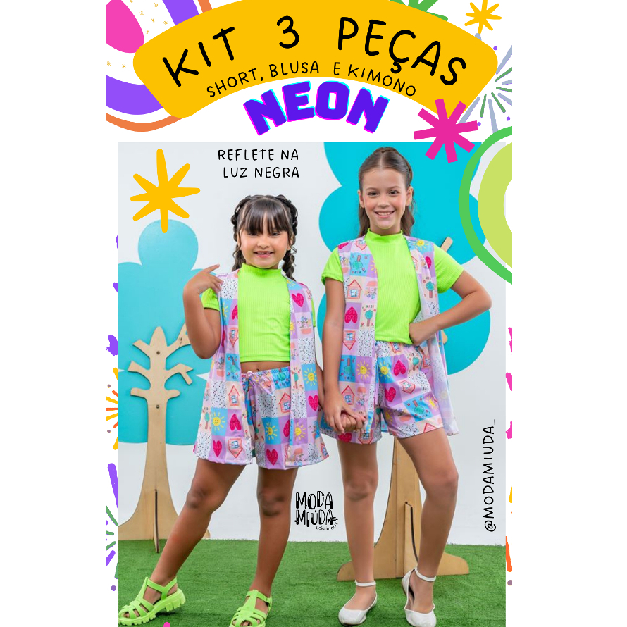 Conjunto neon infantil menina 2 ou 3 Peças Blusa Short saia kimono ...