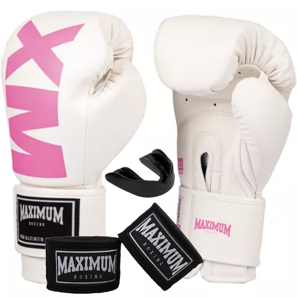 LUVA BOXE MUAY THAI KICKBOXING MXM BRANCA/ROSA + BANDAGEM 3M + PROTETOR ...