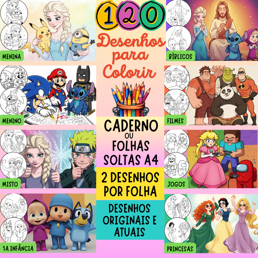 Kit 120 Desenhos para Colorir Folha A4 (2 por folha) - Caderno de ...