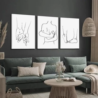 Quadro decorativo 3 peças 40x60 Amor Namorado Mãos dadas decoração linha preto line art presente casal para quarto sala