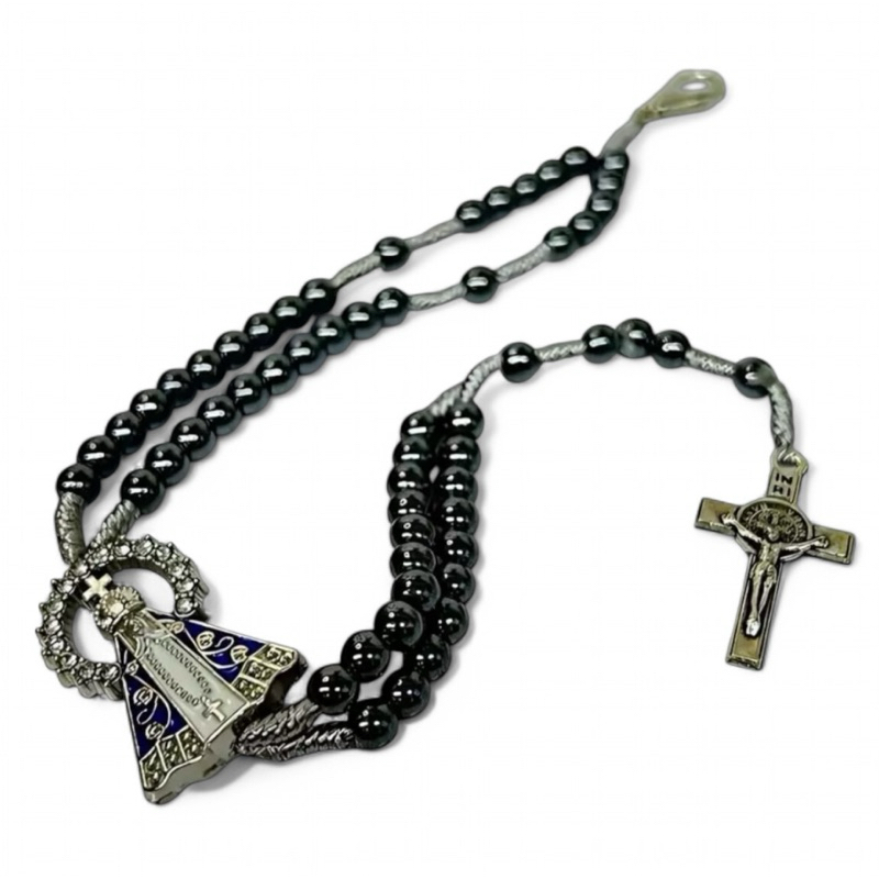 Terço De Pulso Prateado Nossa Sra. Aparecida Com Resplendor Hematita