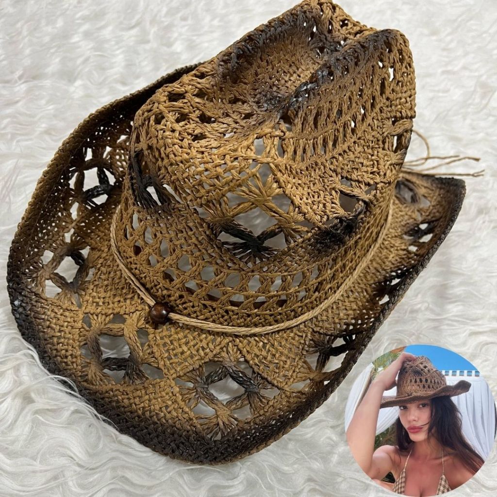 Chapéu De Palha Vazado Country Feminino Praia Crochê Macrame Elegante ...