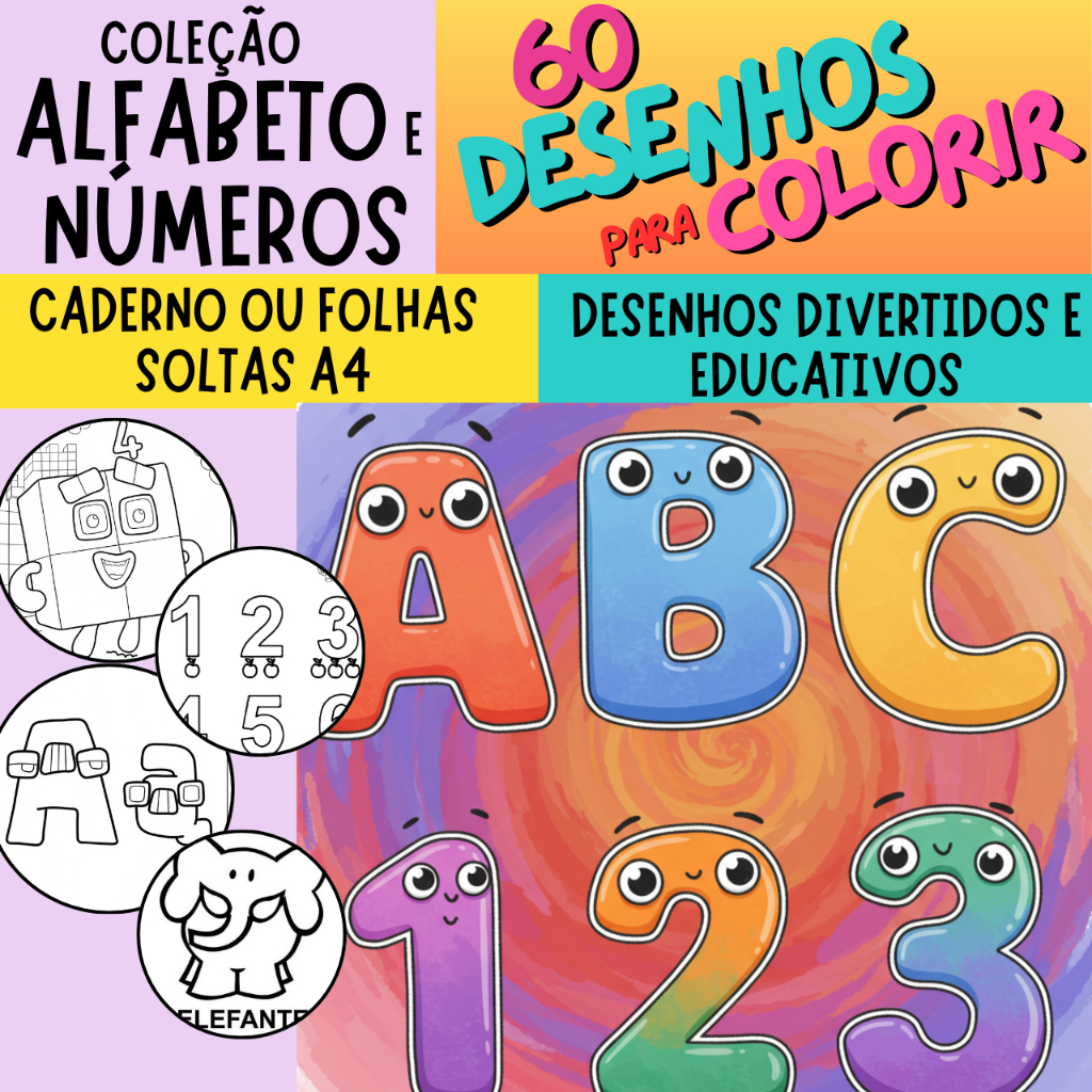 Caderno de desenhos para colorir ALFABETO LETRAS e NÚMEROS - 60 ...