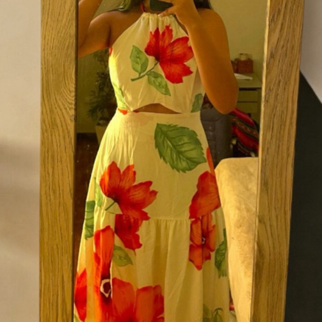 Vestido Midi Estampado Flores Moda Verão Amarração Farm Lateral Aberto Fresco Tropical