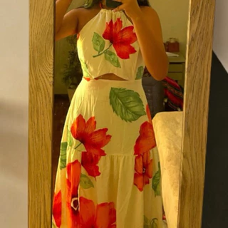 Vestido Midi Estampado Flores Moda Verão Amarração Farm Lateral Aberto Fresco Tropical