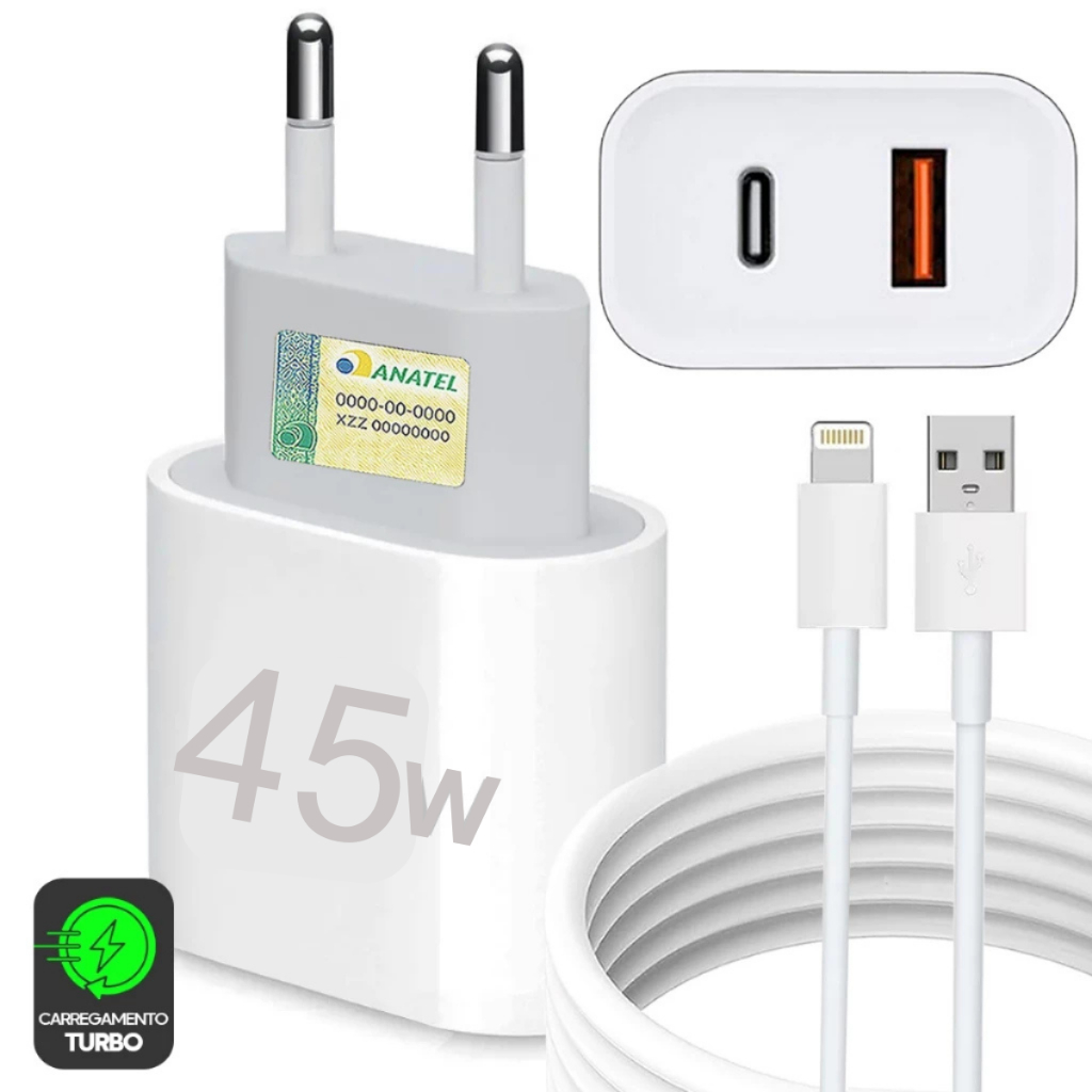 Kit Carregador de Iphone Super Turbo 40W Duplo USB e USB-C + Cabo Usb ...