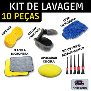 Kit 10 Peças Lavagem Automotiva Esponja + Escova de Pneu + Flanela 30x40cm + Aplicador de Cera + Luva Microfibra + 05 Pi