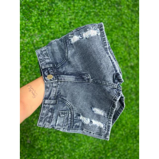 Short Jeans Feminino Cintura Alta Marmorizado Com Destroyed