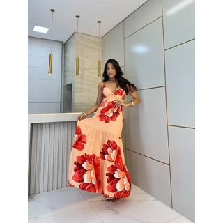 Vestido longo Feminino Estampado Decote V Alcinha COD:029-DegradêFloral em Oferta na Shopee