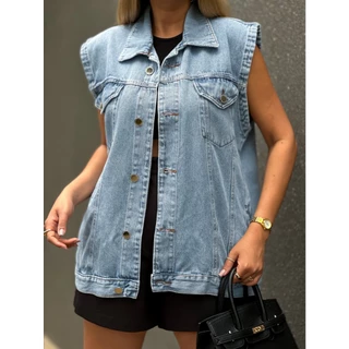 kissmelady 8369 coletes jeans feminina Colete Jeans Sem Mangas Com Fechamento Frontal Simples