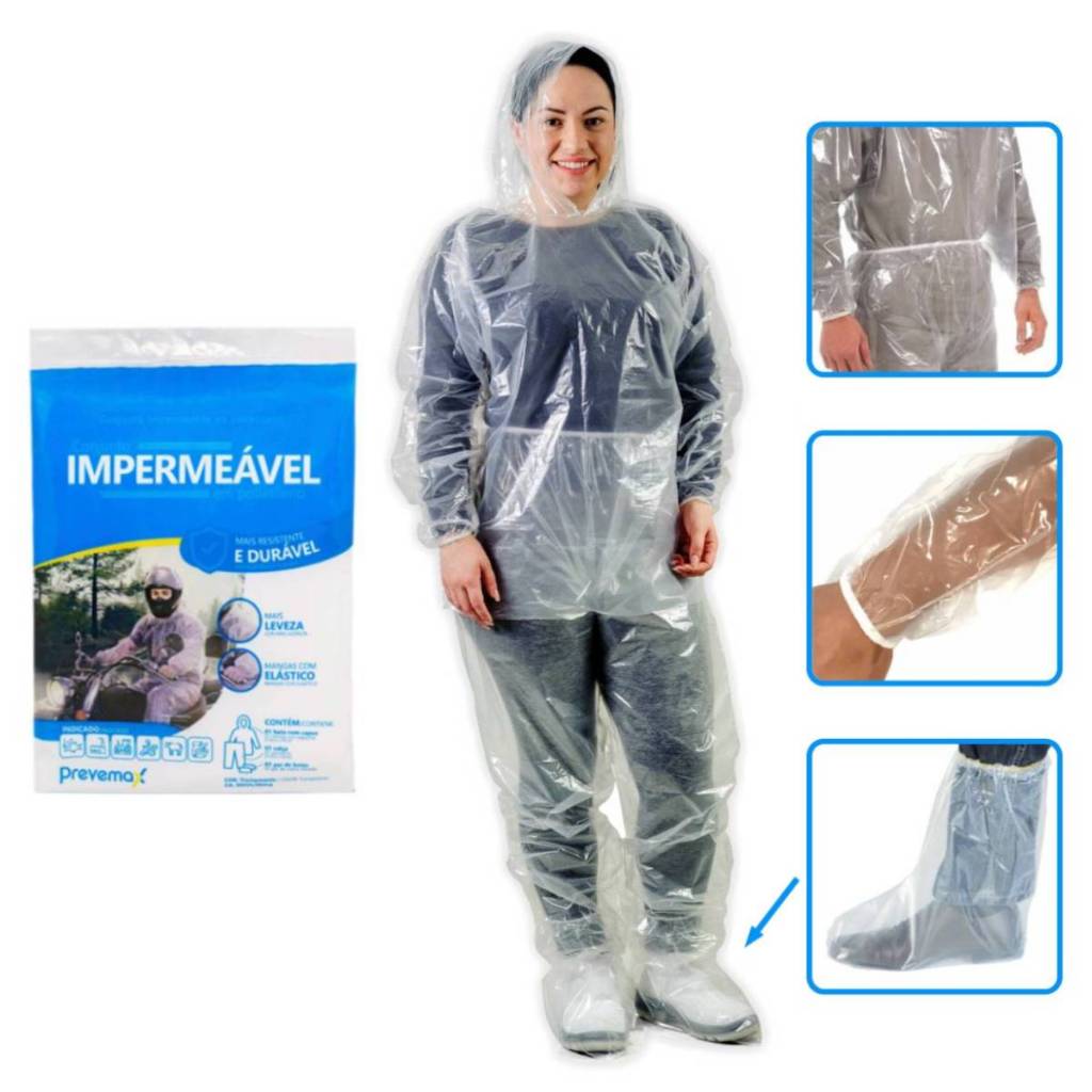 Capa de Chuva Transparente Completa Bata C/ Capuz Calça Bota Moto