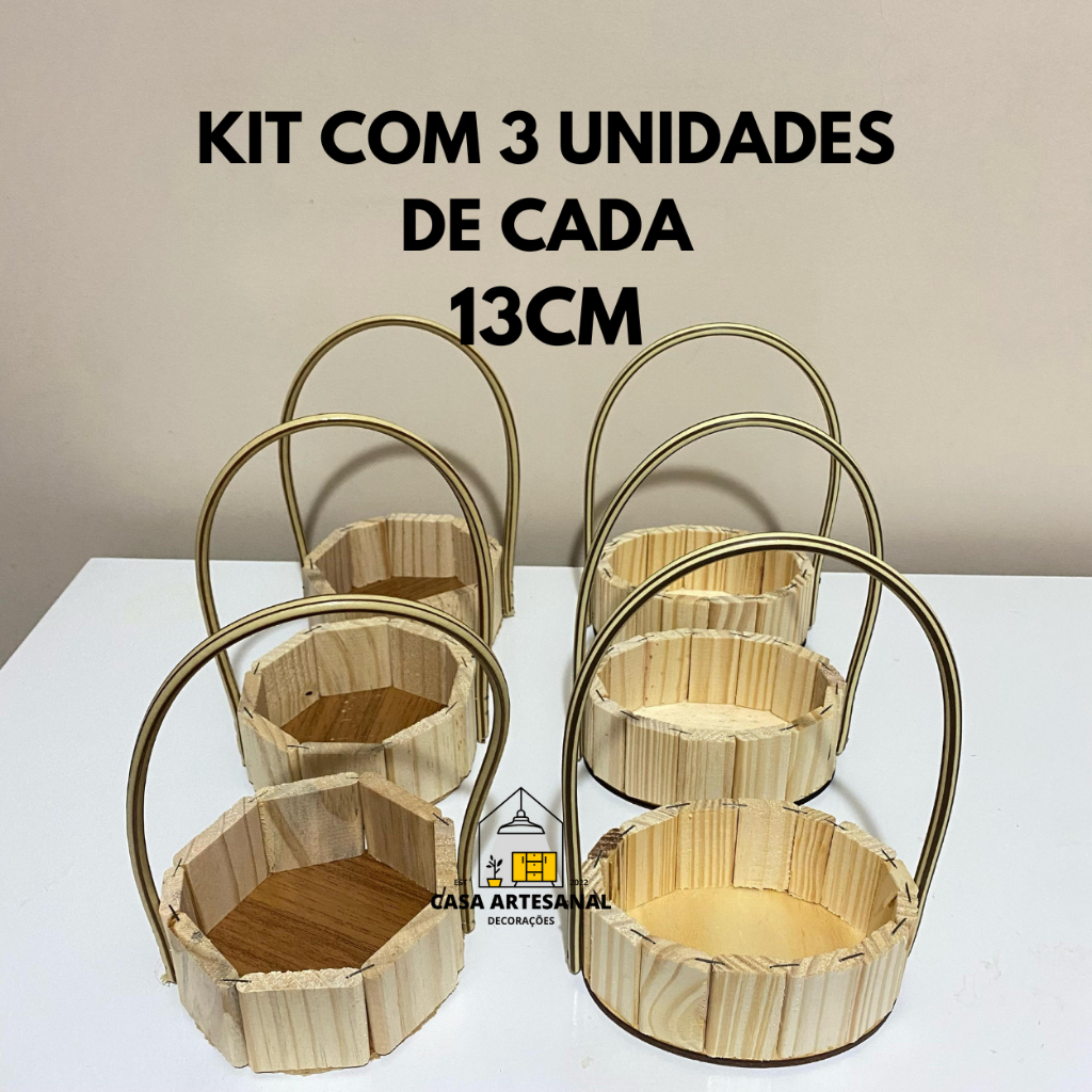 Kit 6 Cestas de Madeira 13cm, 3 Redonda + 3 Oval Artesanal com Alça ...