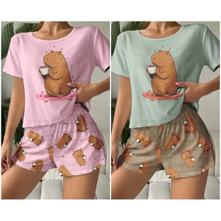 pijamas semi cropped femininos baby-doll personagens capivara gato moda verão