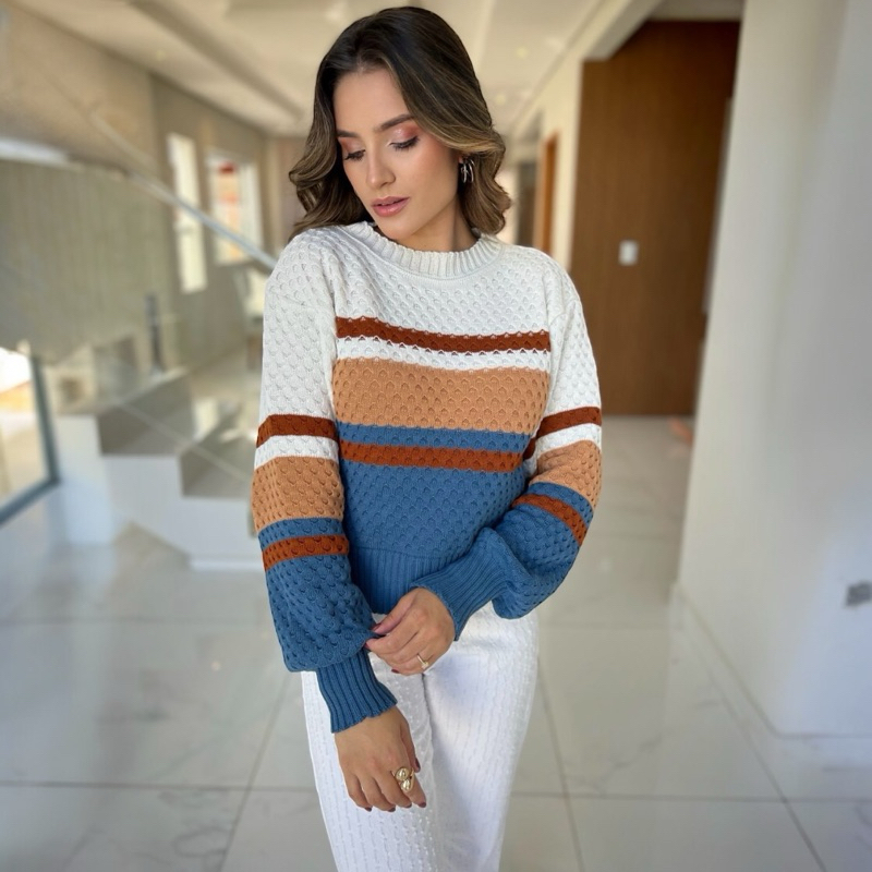 Blusa feminina em tricô manga longa elegante listra horizontal | Shopee ...