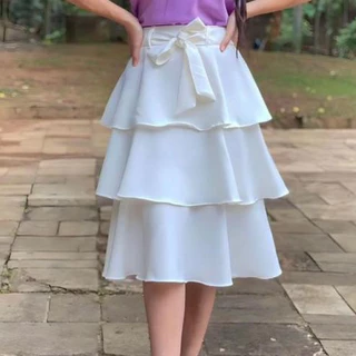 Saia Femeninas Midi com Cinto Babado Três Maria Alfaiataria Elegante Social Com Forro