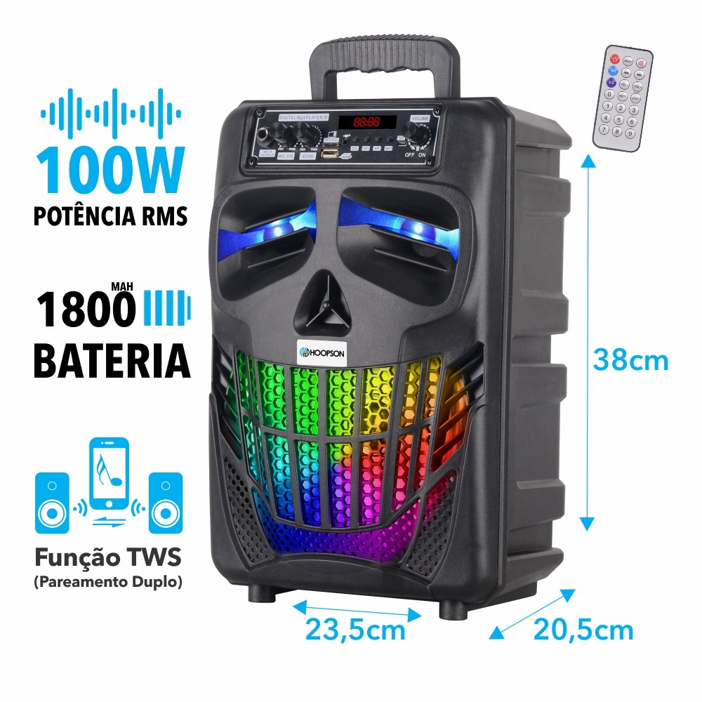 Caixa de Som LED Bluetooth Potencia 100W RMS Caixa Portátil De Som Bluetooth TWS Hoopson