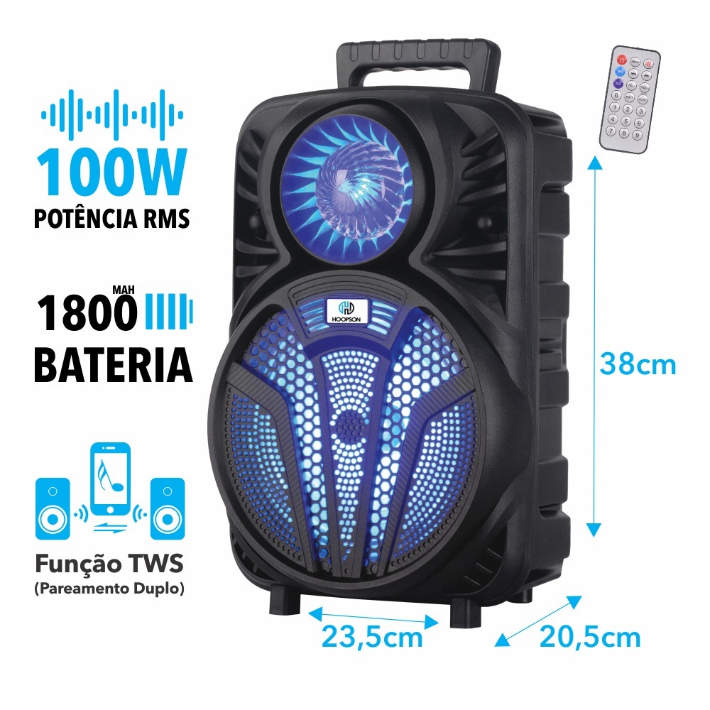 Caixa de Som Bluetooth Portátil LED 1800 mah de Bateria Potencia 100W RMS Função TWS