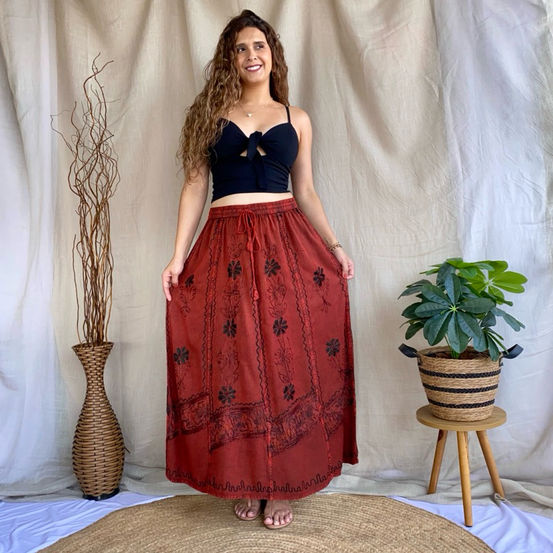 Saia Indiana Longa Hippie Moda Indiana Bordada Boho Estilo