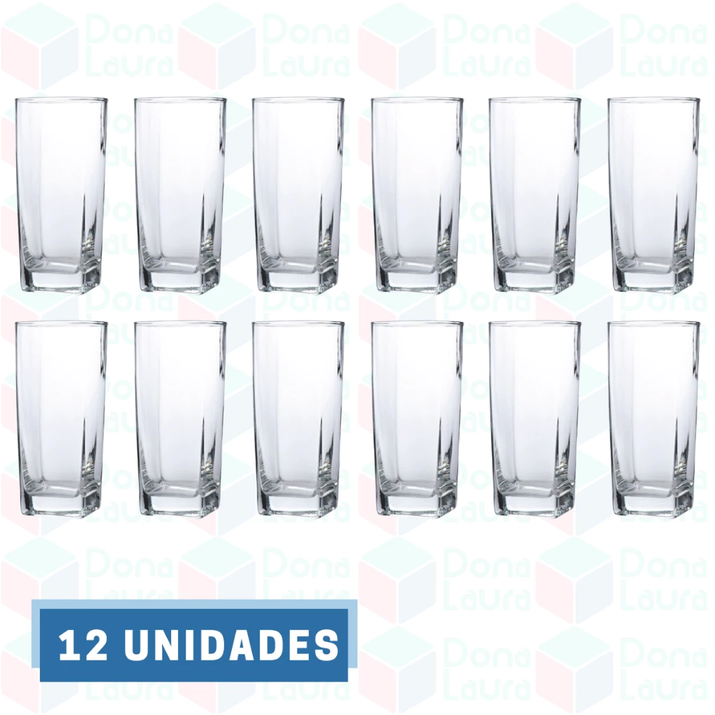 Jogo De 12 Copos Vidro Bali Quadrado Luxo 320ml Transparente