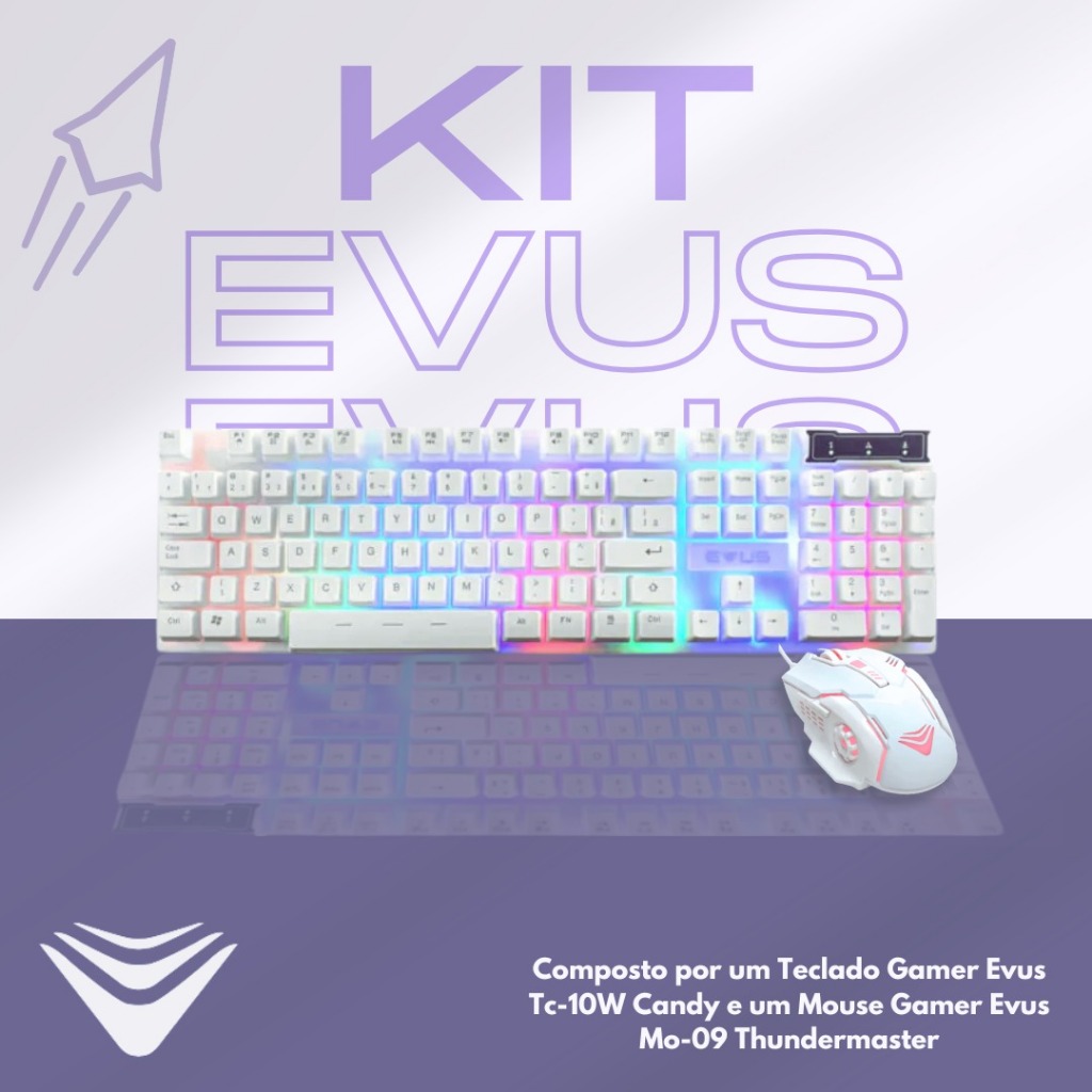 KIT BRANCO GAMER EVUS TECLADO MEMBRANA CANDY RAINBOW E MOUSE BRANCO ...