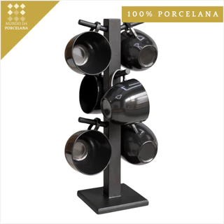 Kit 6 Xícaras Pretas Café com Suporte de Madeira Preto