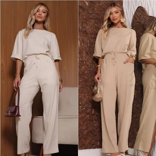 Conjunto alfaiataria feminino social calça e blusa com manga feitos em linho elegante