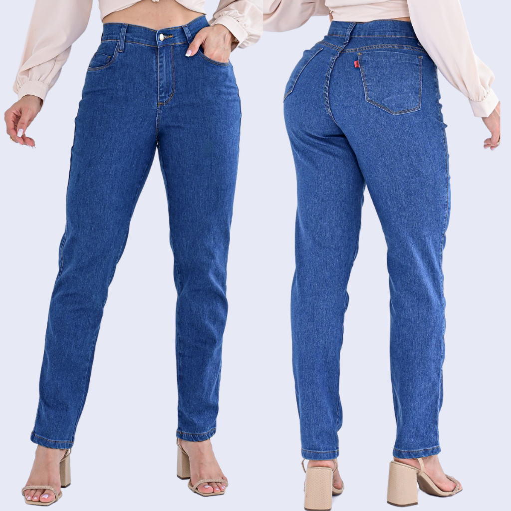 Calça Mom Jeans Feminina Com Elastano Cintura Alta Lycra Cos alto ...