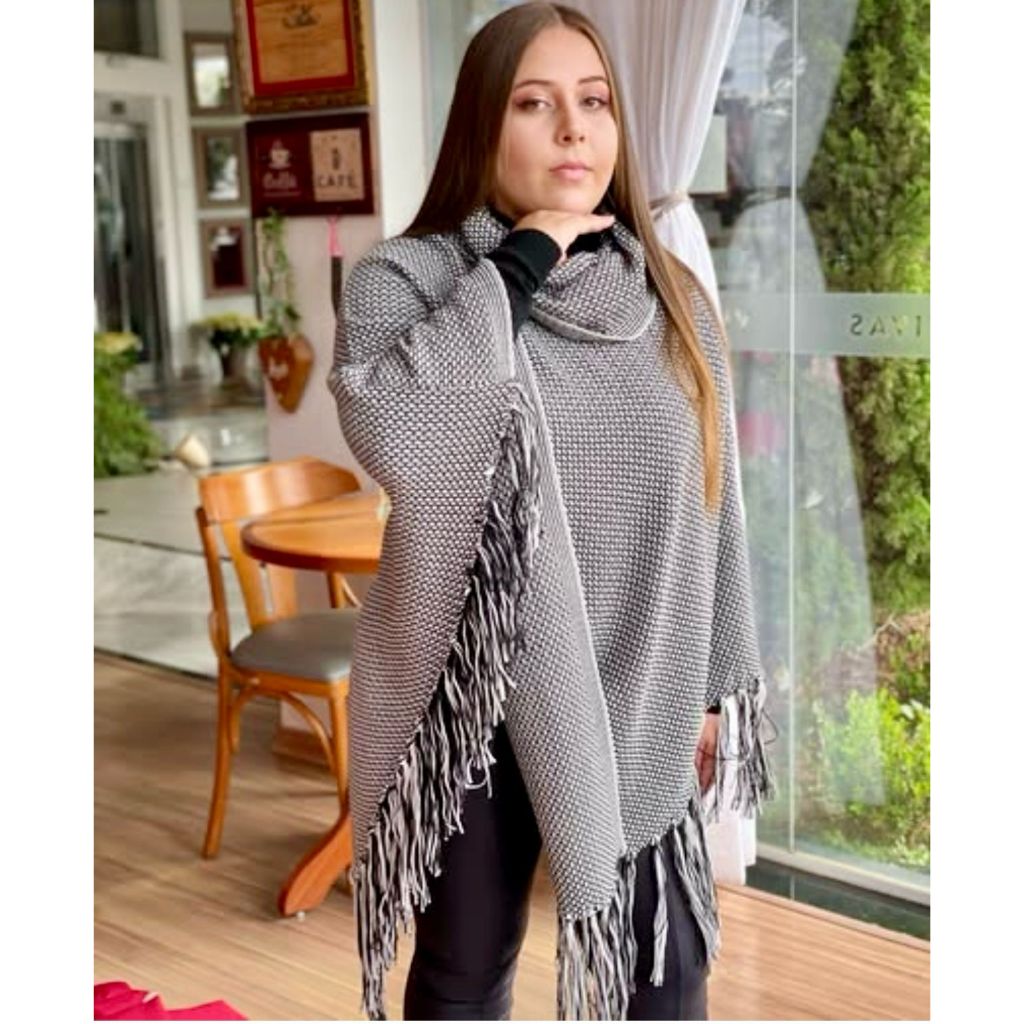 Poncho Feminino Tricô Gola Alta Blusa Casaco Tricot Inverno Linha