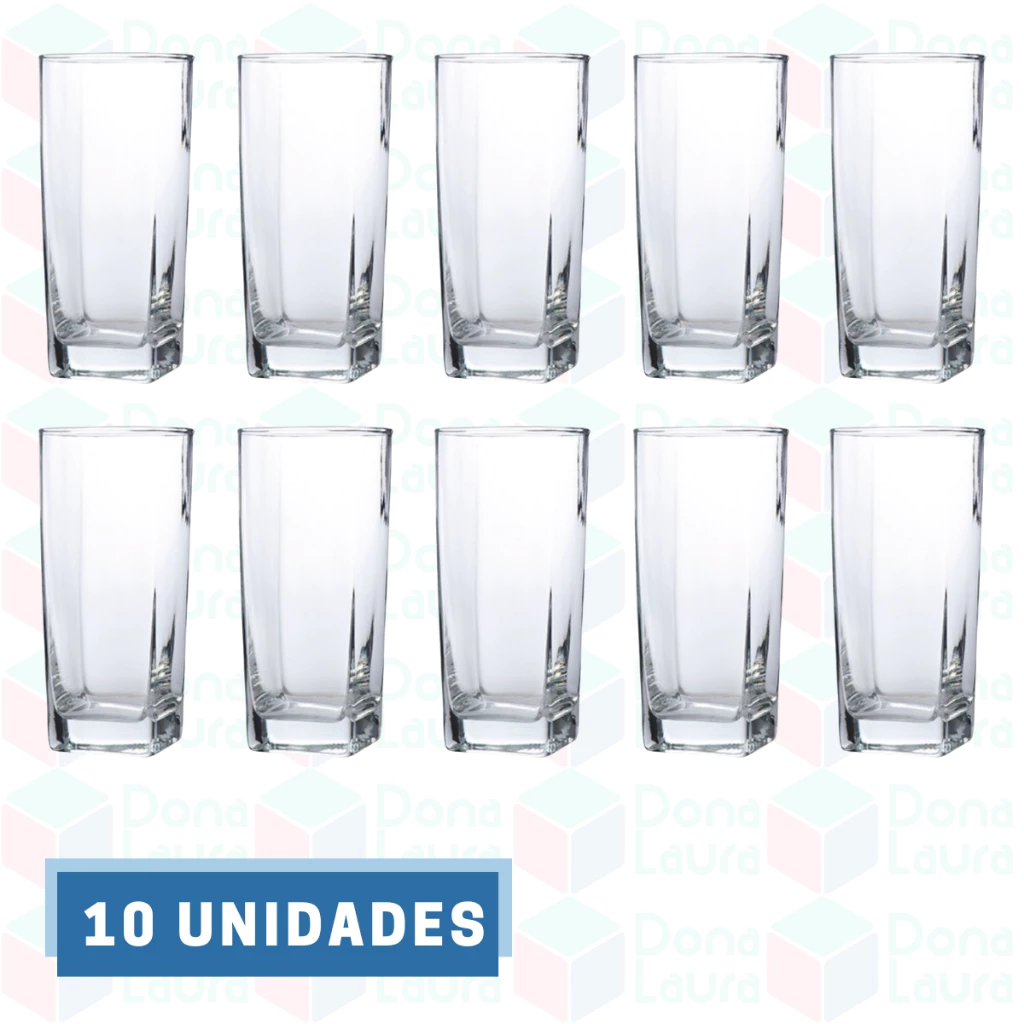 Copo Vidro 320ml Quadrado Bali Jogo com 10 Transparente Luxo