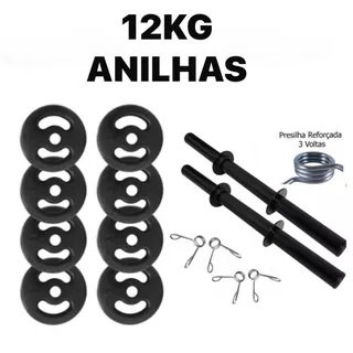 Kit com Barras de Halteres e Anilhas de Ferro Fundido - 12 Kg