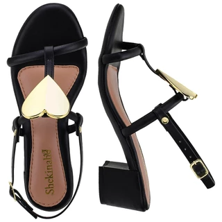 Sandália Salto Feminino Saltinho Baixo Shekinah Enfeite Detalhe Coração Elegante Moda Confortável