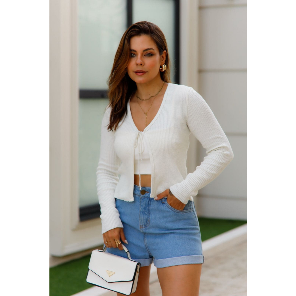 トップス Basket Knit Cardigan White Cardigan Curto Casaquinho Tricot Canelado Amarração Frontal