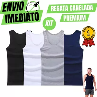 Kit De 4 Regata Premium Masculina Modelo Americano Canelada Algodão e Elastano Malha Encorpada Ultra Conforto